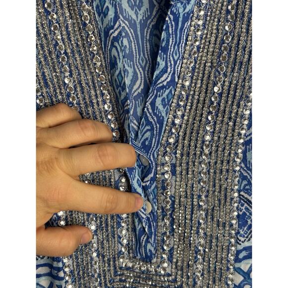 Chico’s Seaside Tunic Size 12P Sheer Rhinestones Blue White Black Blouse Beach - Picture 4 of 10